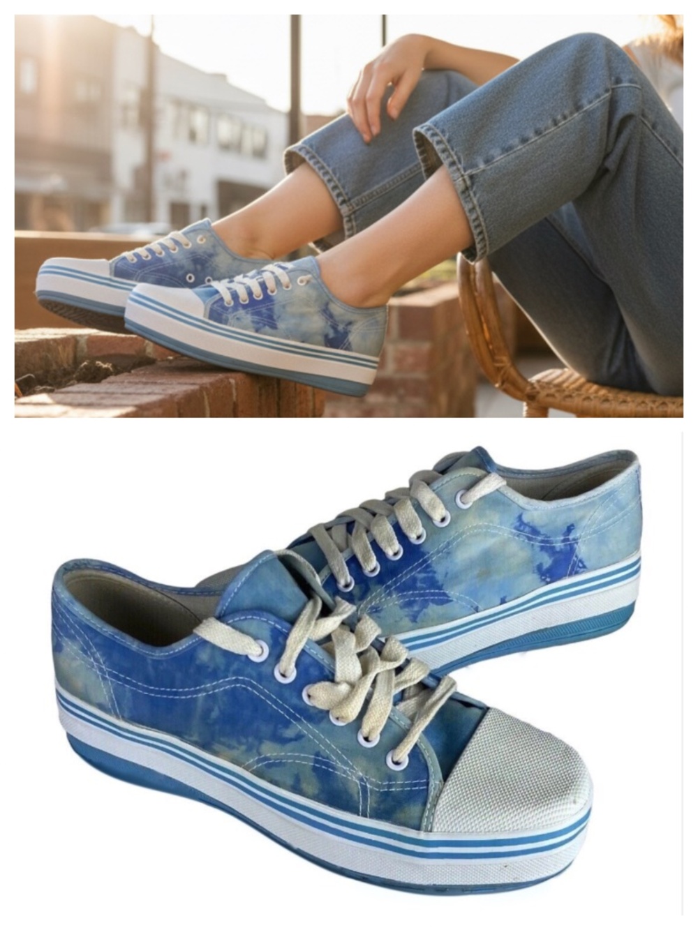 Vtg 90s Y2K No Boundaries Sz 7.5 Platform Sneaker Shoes Tie Dye Blue White